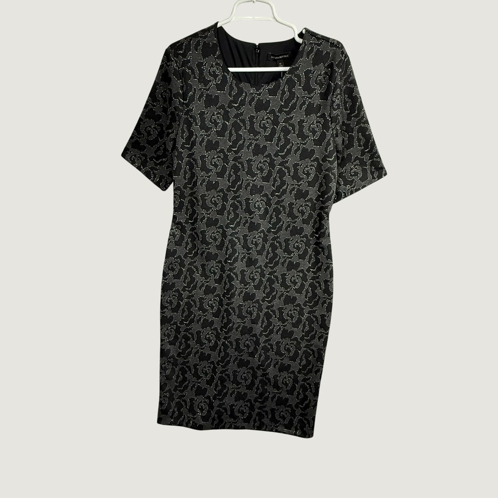 Banana Republic Women 16 Black Grey Floral Jacquard Metallic Sheath Dress